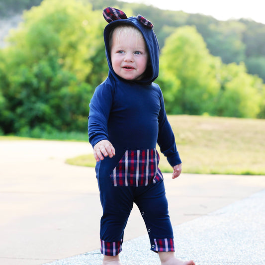 Annloren Teddy Bear Plaid Hoodie Baby Romper
