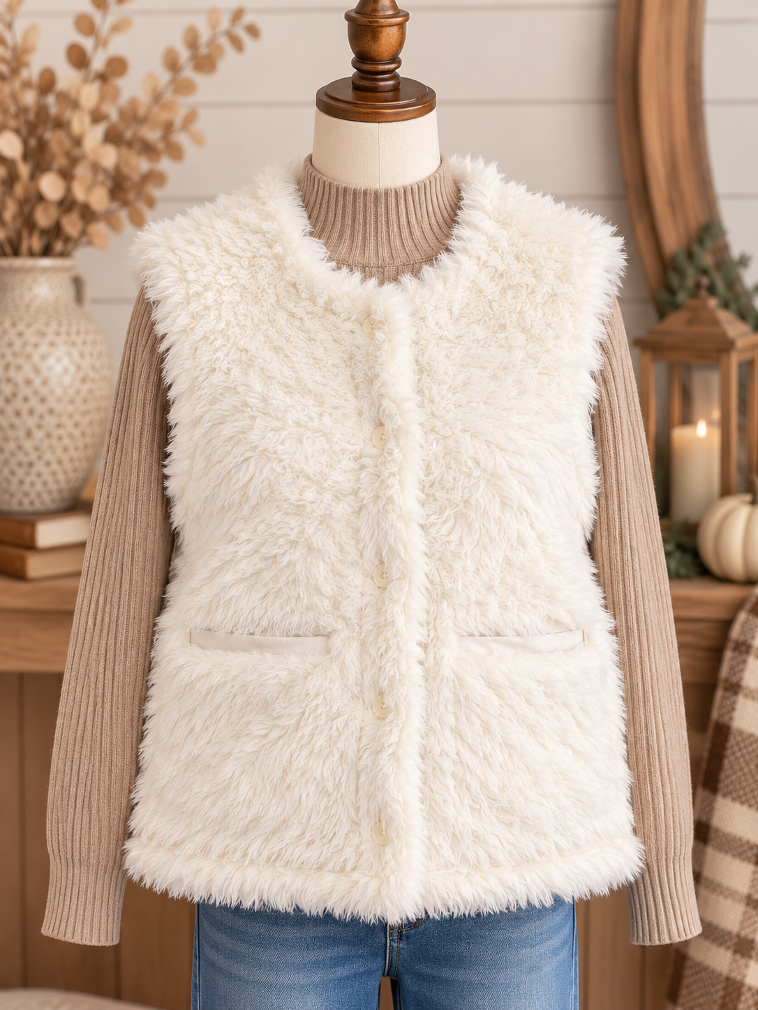 Keren Hart Reversible Faux Fur Quilted Vest - Ivory