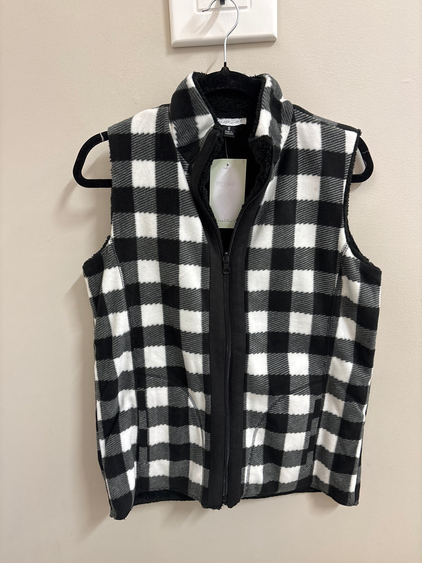 Keren Hart Reversible Buffalo Plaid and Black Sherpa Vest