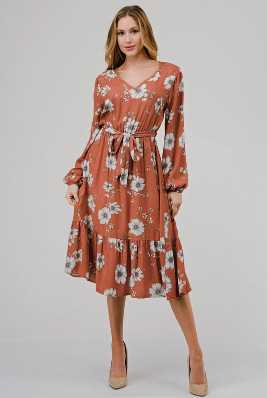 V-neck Long Sleeve Floral Dress - Rust