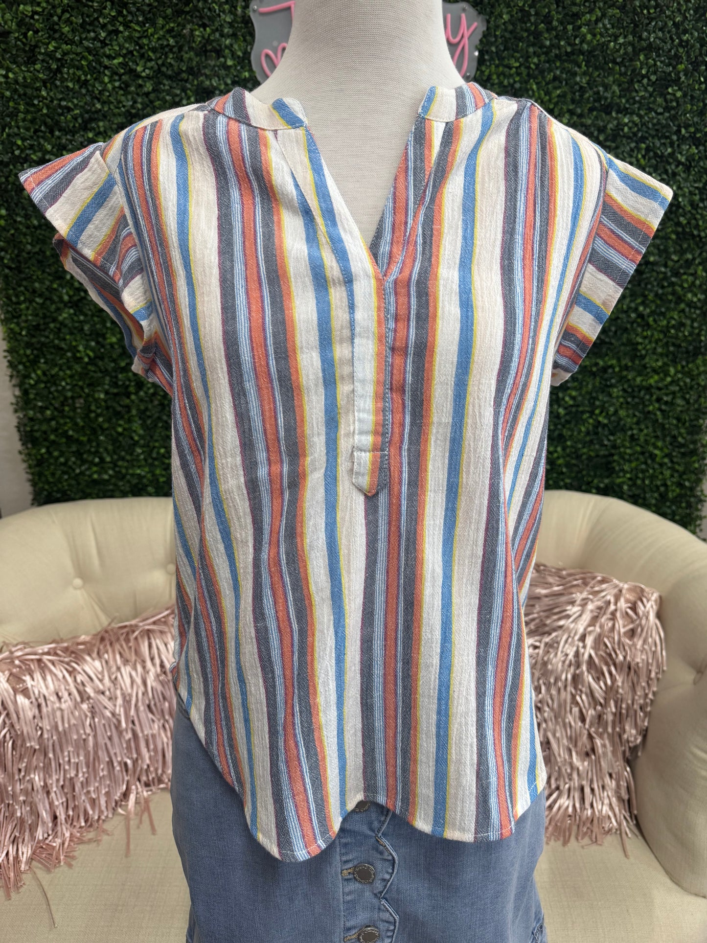 Keren Hart Multi Stripe Flutter Sleeve Top