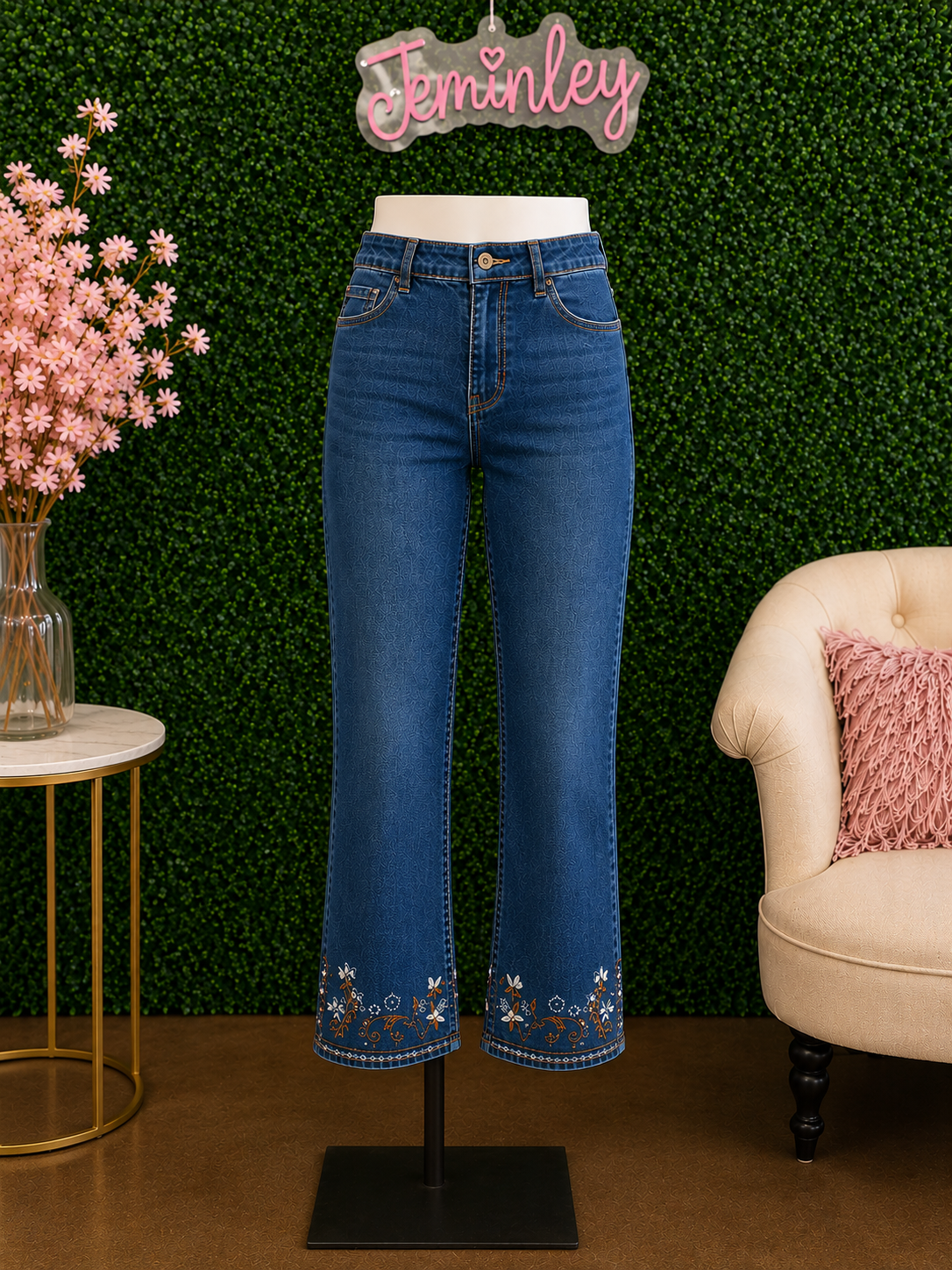 Charlie B Indigo Flare Leg Denim with Slit Hem and Embroidery