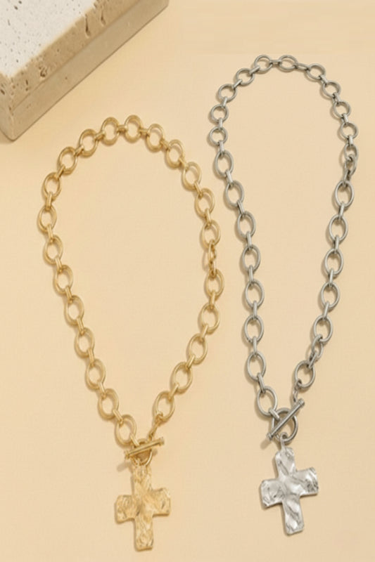 Notable hammered cross toggle necklace - Gold or Silver
