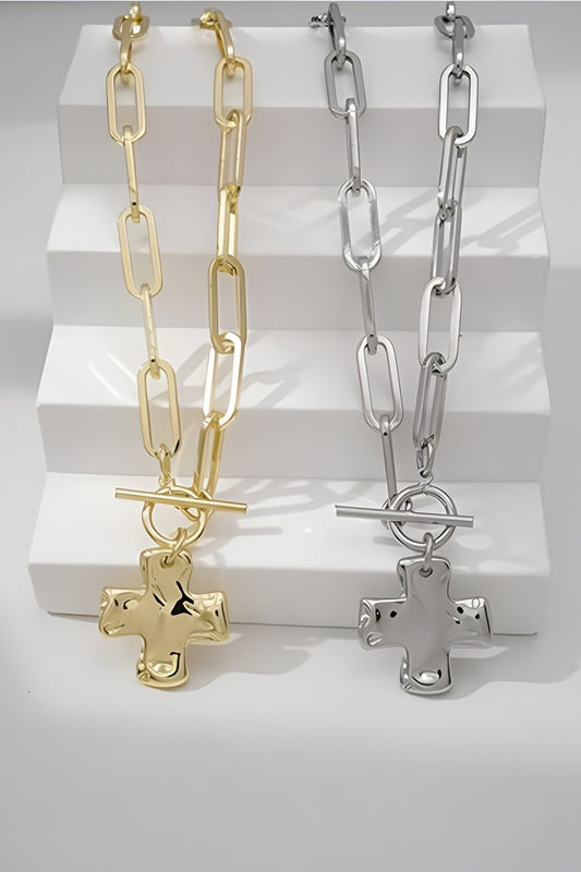 Notable hammered cross toggle necklace - Gold or Silver