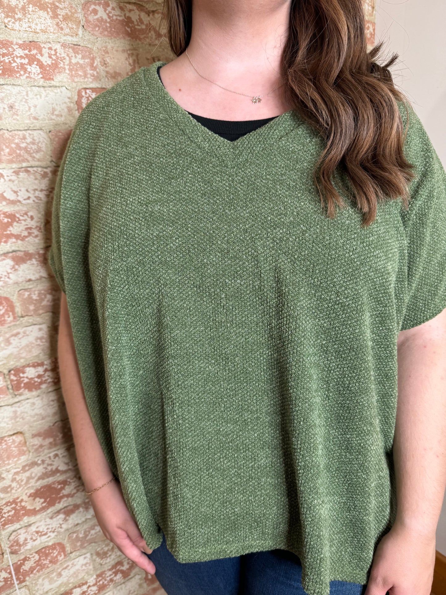 V-neck Green Textured Oversized Poncho Style Top