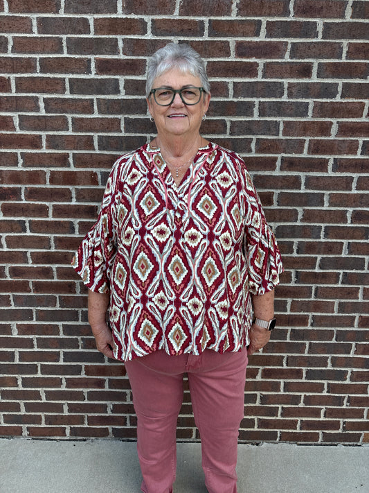 Umgee Boho Geo Print Ruffle Sleeve Top - wine