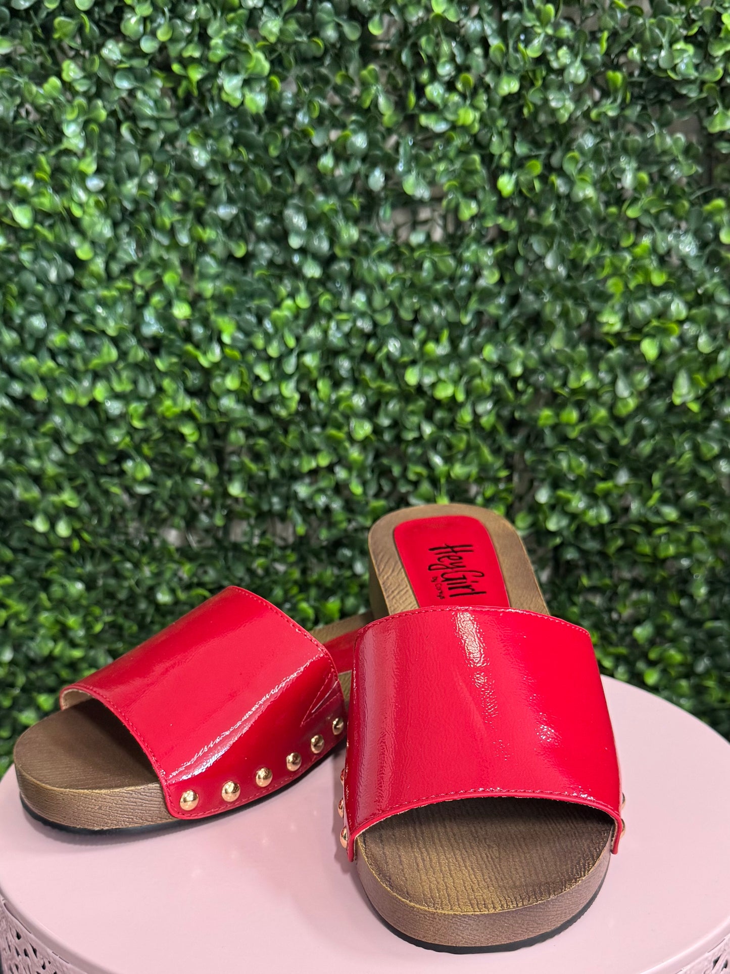 Corkys red patent sandals for women, glossy red slip on sandals, comfortable boutique summer shoes for church and everyday wear, bold red sandals for wome.