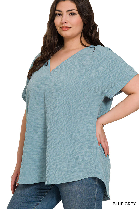 V-Neck Airflow Top in sizes 1X-3X - Blue Grey