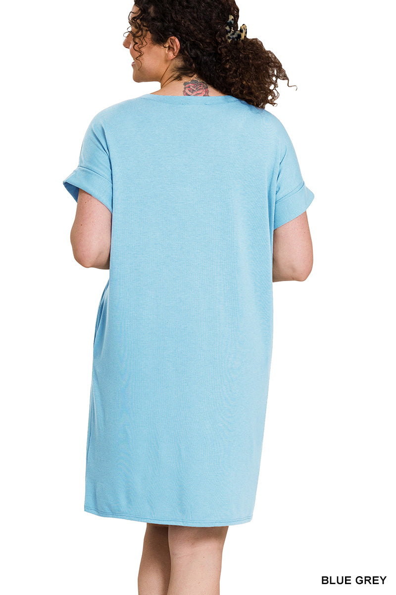 Plus Rolled Short Sleeve Dress - Blue