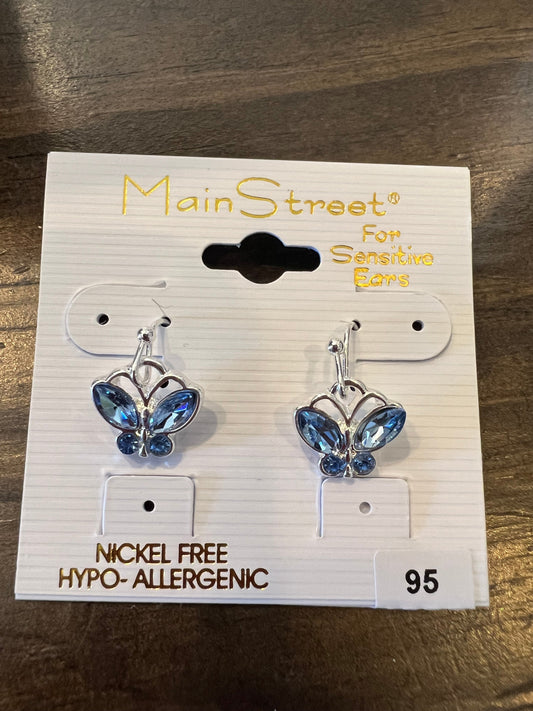 Silver butterfly earrings with blue stones