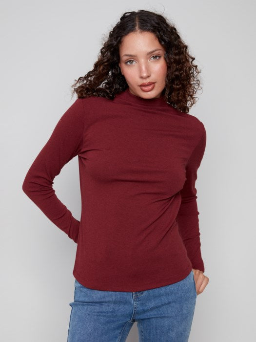 Charlie Cabernet Ribbed Knit Mock Neck Sweater