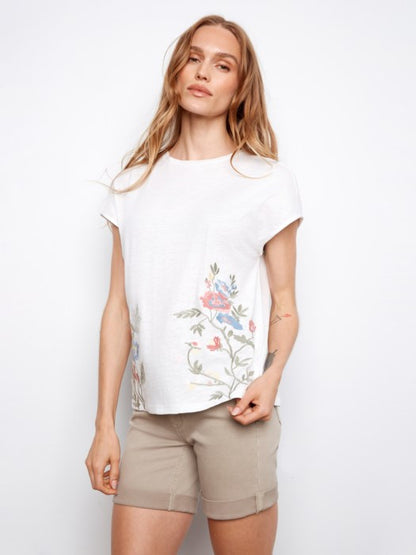 Charlie B Cap Sleeve Cotton Floral Embroidery Top