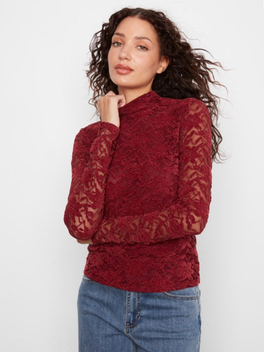 merlot lace long sleeve mock neck top