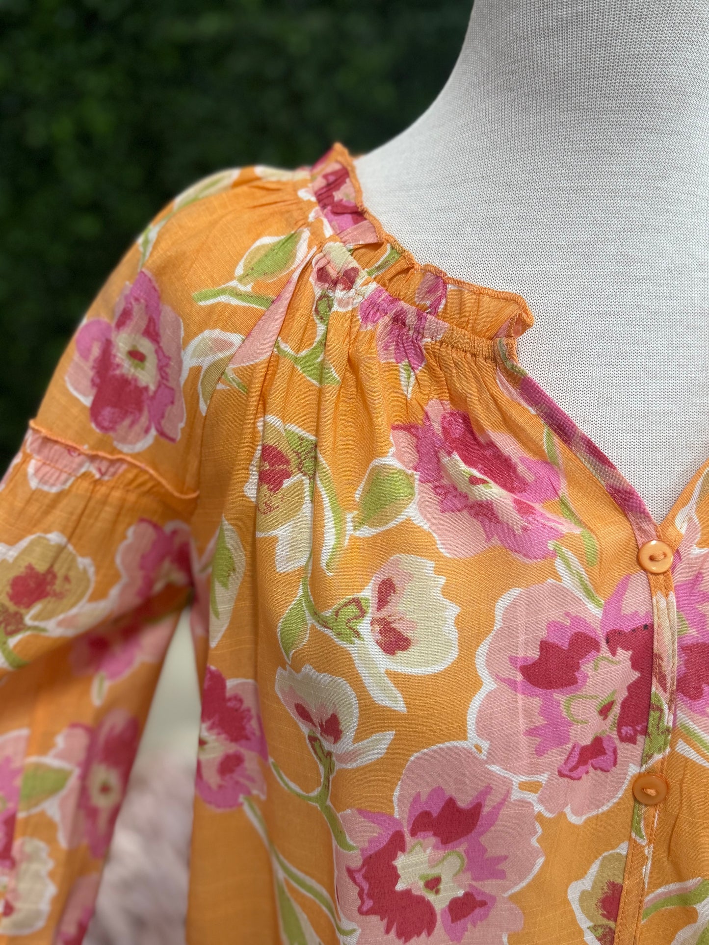 Keren Hart Orange Floral V-neck Blouse with Buttons