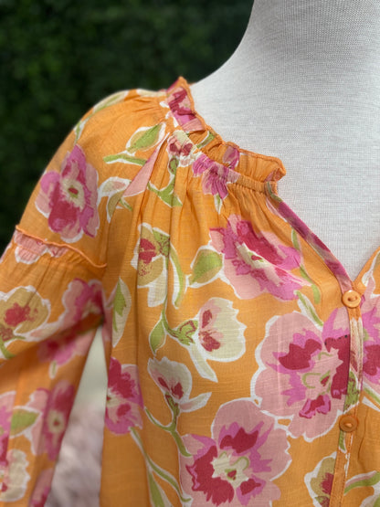 Keren Hart Orange Floral V-neck Blouse with Buttons