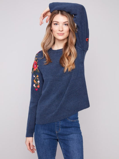 Charlie B Embroidered Floral Sleeve Sweater