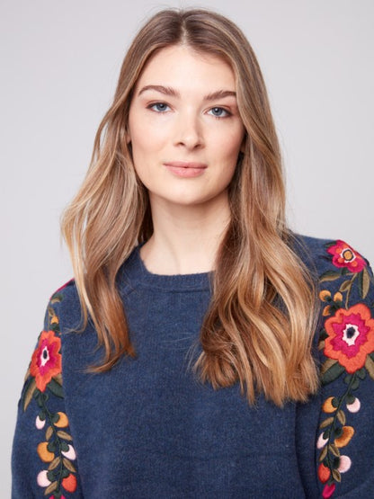 Charlie B Embroidered Floral Sleeve Sweater