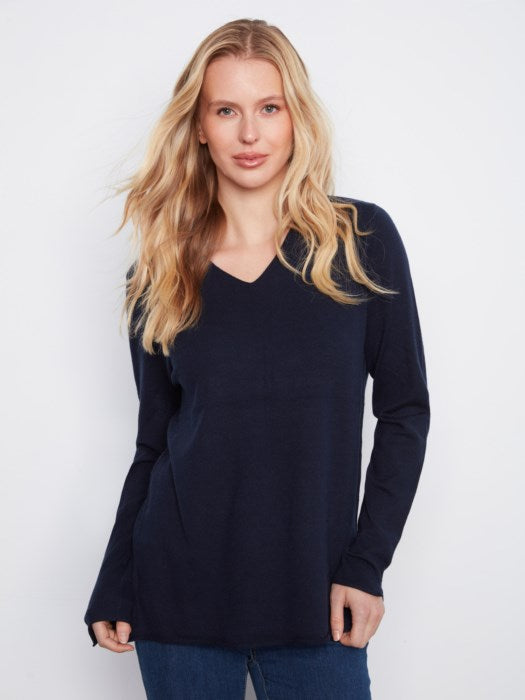 Charlie B navy long sleeve V-neck sweater for women