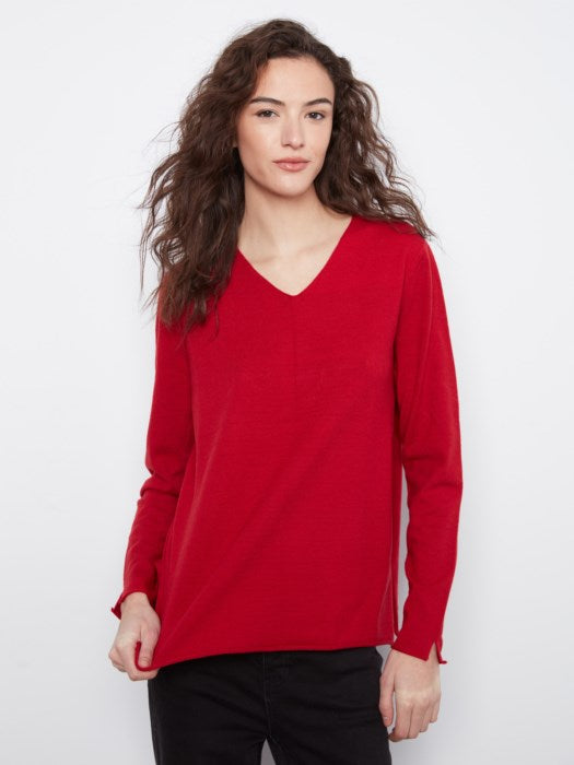 Charlie B Equestrian red long sleeve V-neck sweater for women