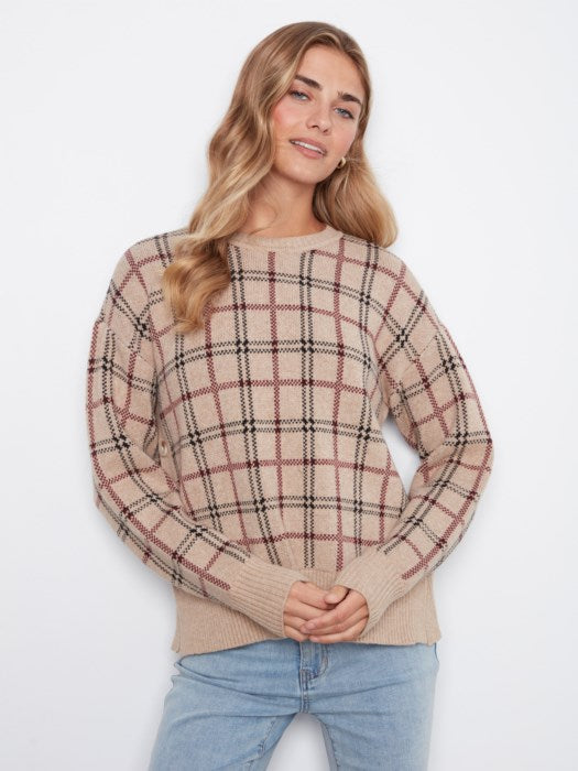 Women's jacquard crew neck sweater with drop shoulders and side buttons