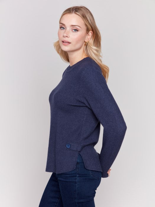 Charlie B Round Hem Sweater With Side Tab And Button