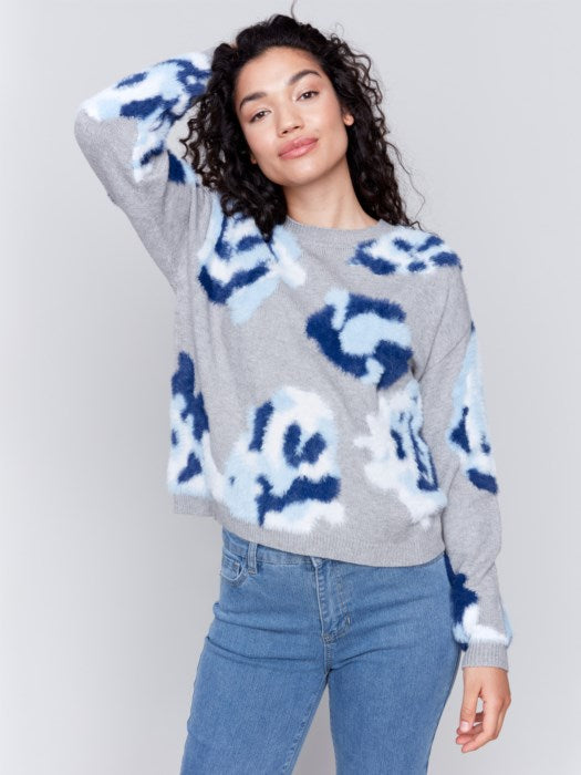 Charlie B Grey Fuzzy Floral Jacquard Knit Sweater