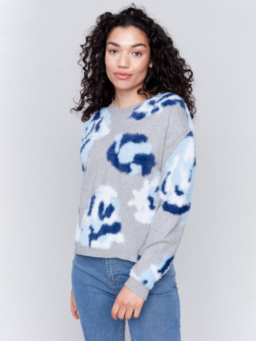 Charlie B Grey Fuzzy Floral Jacquard Knit Sweater