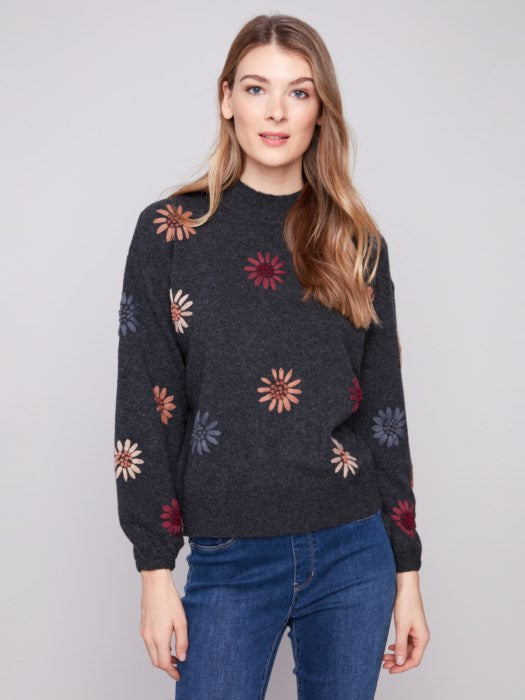 Charlie B Embroidered Mock Neck Sweater