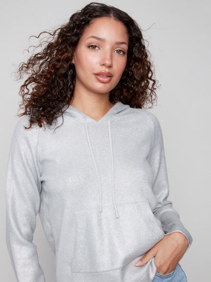Charlie B Silver Metallic Knit Hoodie Sweater