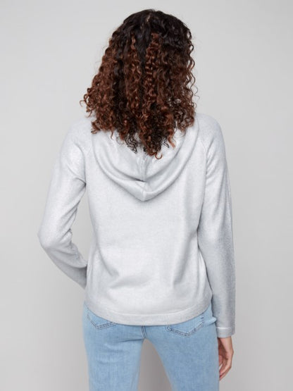 Charlie B Silver Metallic Knit Hoodie Sweater