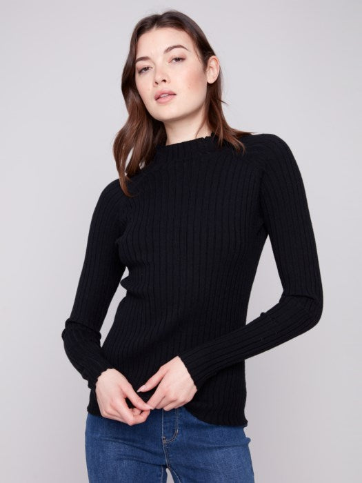Charlie B Black Ribbed Knit Mock Neck Sweater