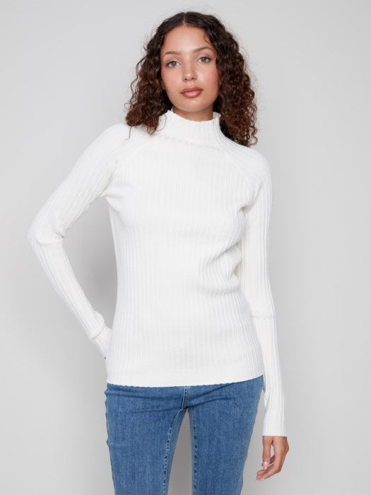 Charlie B Ecru Ribbed Knit Mock Neck Sweater
