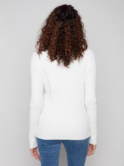 Charlie B Ecru Ribbed Knit Mock Neck Sweater