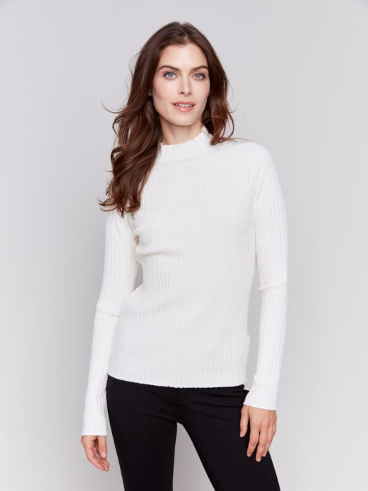 Charlie B Cream Basic Ribbed Knit Mock Neck Sweater