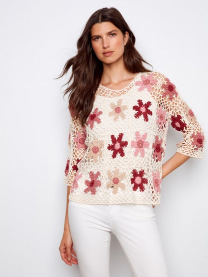 Charlie B Carnation Handcrafted Floral Crochet Top