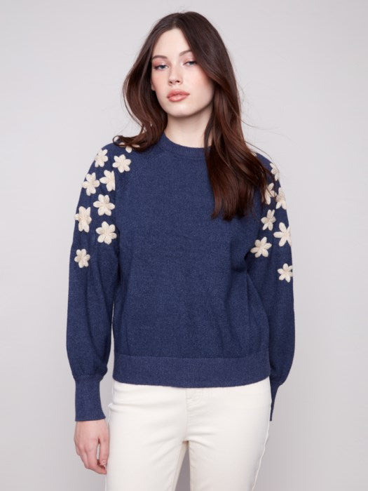Charlie B Crew Neck Sweater With Embroidered Flowers