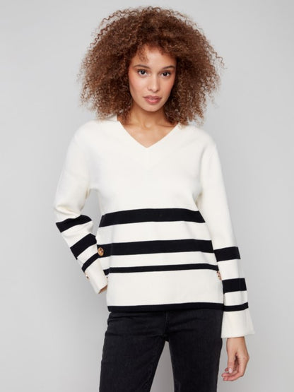 Charlie B Striped Wide Cuff V-Neck Sweater With Side Buttons