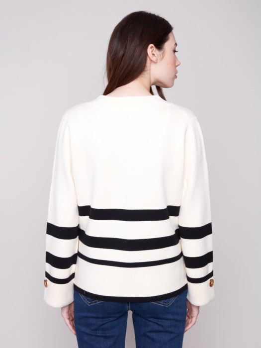 Charlie B Striped Wide Cuff V-Neck Sweater With Side Buttons