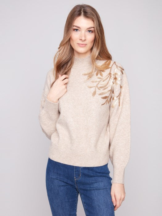 Charlie B Long Sleeves Mock Neck Sweater With Sequins Detail