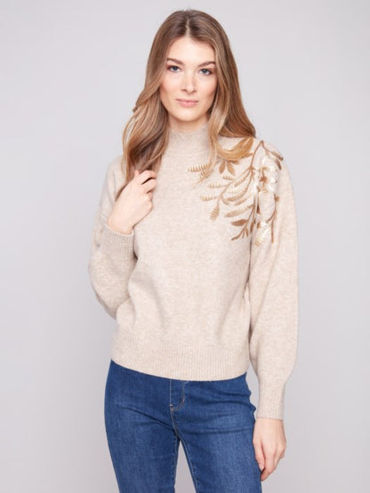 Charlie B Long Sleeves Mock Neck Sweater With Sequins Detail
