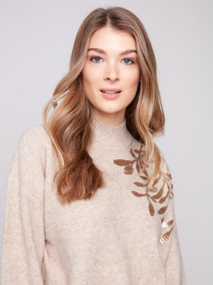 Charlie B Long Sleeves Mock Neck Sweater With Sequins Detail
