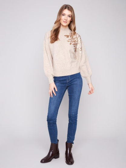 Charlie B Long Sleeves Mock Neck Sweater With Sequins Detail