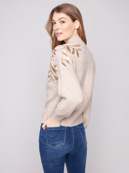 Charlie B Long Sleeves Mock Neck Sweater With Sequins Detail