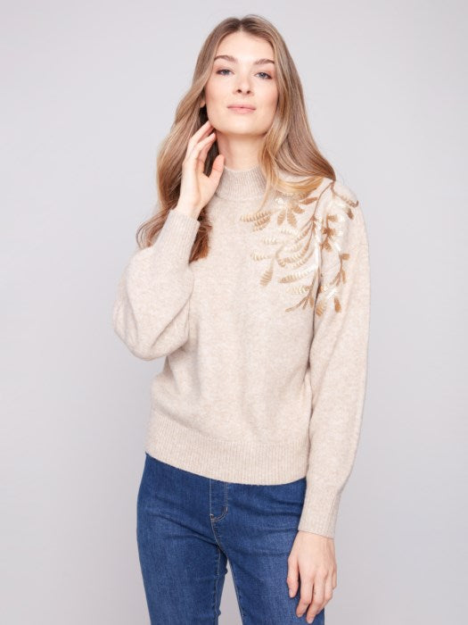 Charlie B Long Sleeves Mock Neck Sweater With Sequins Detail