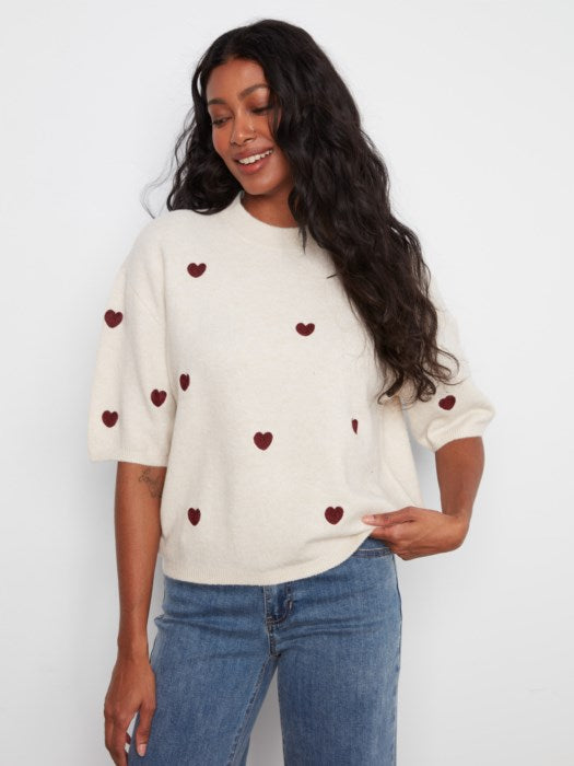 Women's balloon shape mock neck sweater with allover heart embroidery and elbow-length sleeves
