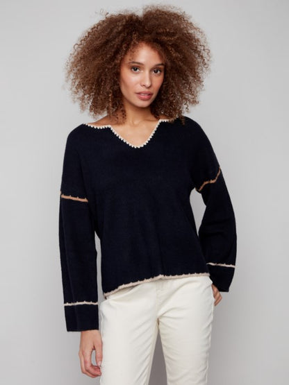 Charlie B Notched Neck Rib Embroidered Back Drop Shoulder Sweater - Navy