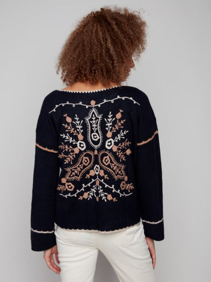 Charlie B Notched Neck Rib Embroidered Back Drop Shoulder Sweater - Navy