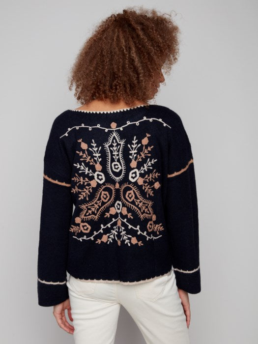 Charlie B Notched Neck Rib Embroidered Back Drop Shoulder Sweater - Navy