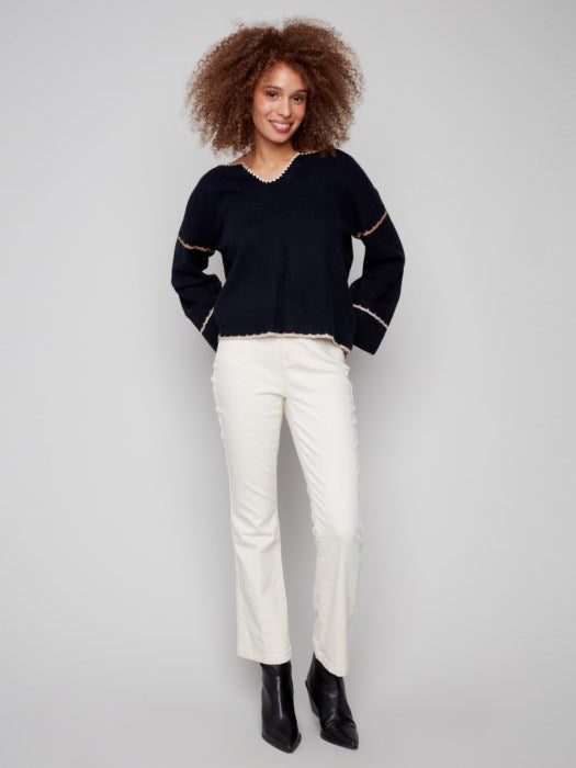 Charlie B Notched Neck Rib Embroidered Back Drop Shoulder Sweater - Navy