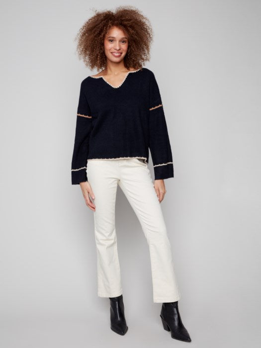 Charlie B Notched Neck Rib Embroidered Back Drop Shoulder Sweater - Navy